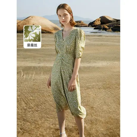 朗姿桑蚕丝复古碎花裙显瘦气质显瘦绿色连衣裙2023年奥莱夏季裙子图片