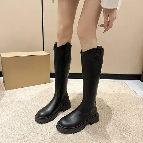 永希长筒靴女2023春秋季新款英伦风法式复古瘦瘦靴粗跟v口骑士靴图片
