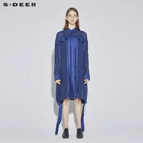 sdeer圣迪奥女装衬衫领几何拼接腰部抽绳长款外套S18281849图片
