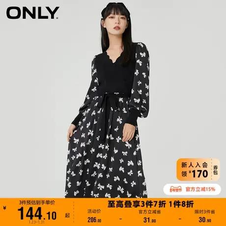 【上新】ONLY奥莱春夏 蝴蝶结印花假两件针织拼接连衣裙女图片