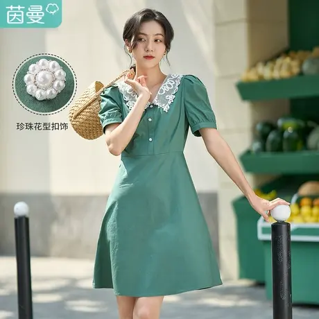 茵曼蕾丝花边翻领连衣裙女夏季2023新款宽松显瘦泡泡袖纯棉伞裙子图片