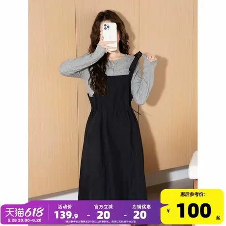 唐狮休闲工装风背带连衣裙2024夏季新款黑色背带裙长裙气质裙子t4图片