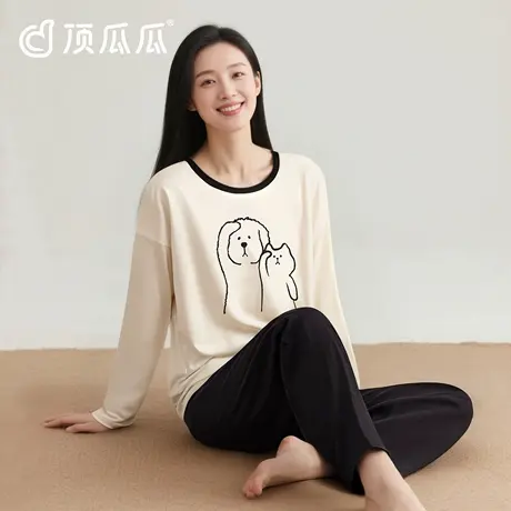 顶瓜瓜纯棉睡衣女生2025黑白撞色圆领长袖长裤女可外穿家居服套装图片