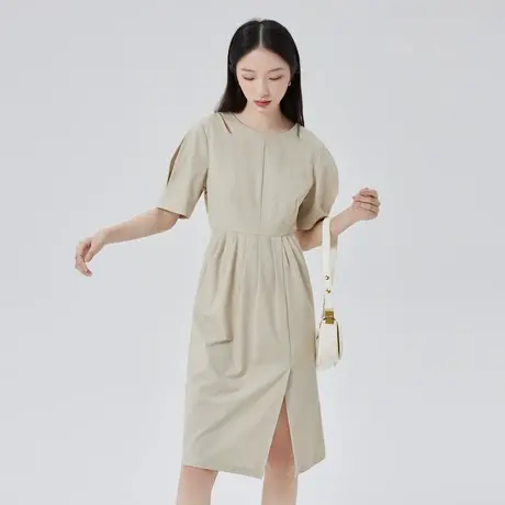 艾莱依奥莱领口镂空针织连衣裙女夏季端庄大气垂坠感过膝长裙清仓图片