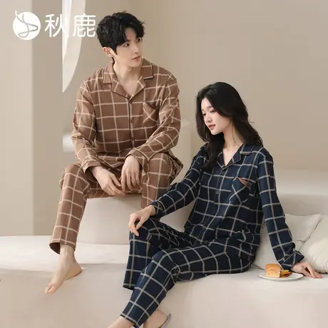 秋鹿格纹一男一女睡衣可外穿丝滑棉印花国民领男套复古家居服套装图片