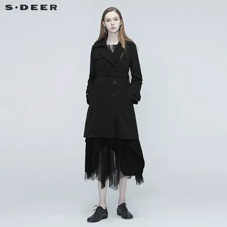 sdeer圣迪奥春装女装休闲收腰通勤黑色双排扣中长款风衣S20381702图片