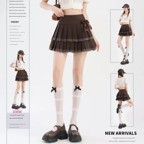 2025新款夏季甜辣妹蝴蝶结蕾丝边防走光百搭百褶短裙图片