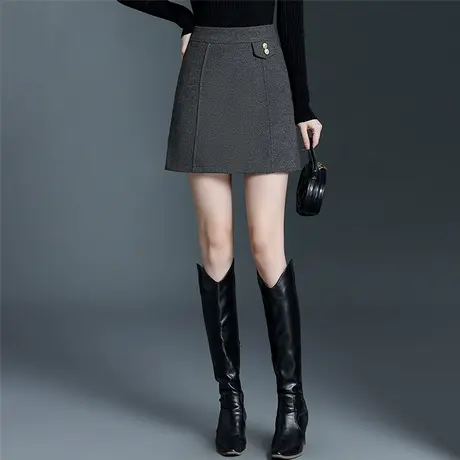 灰色显瘦a字短裙半身裙女2025秋冬新款高腰百搭毛呢裙通勤包臀裙图片