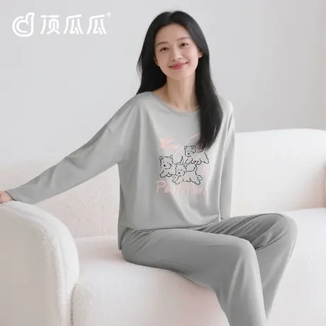 顶瓜瓜睡衣女纯棉秋季长袖2025新款可外穿全棉灰色圆领家居服套装图片