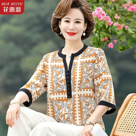2023新款妈妈夏装小衫中年女装洋气T恤上衣中老年复古民族风衬衫商品大图