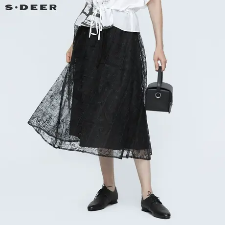 sdeer圣迪奥夏装女优雅收腰网纱刺绣黑色伞裙长裙S21261115图片