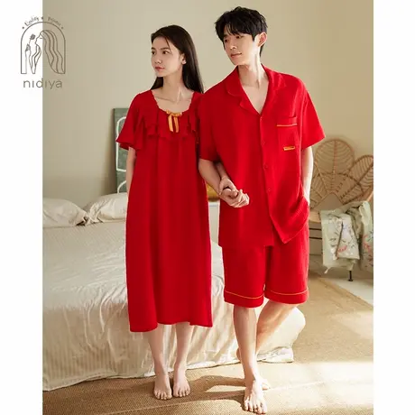 妮狄娅情侣睡衣女夏季纯棉睡裙结婚红色男时尚开衫喜庆家居服套装图片