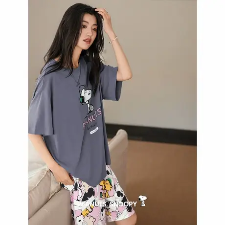贝妍夏季纯棉睡衣女士可爱史努比圆领短袖家居服薄款少女休闲套装图片