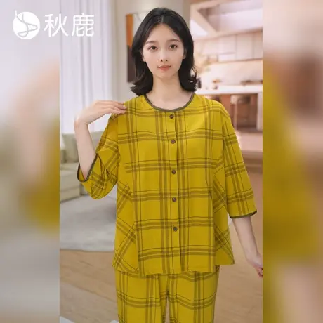 秋鹿【直播专享】纯棉格子睡衣女夏季新款圆领七分袖九分裤家居服图片
