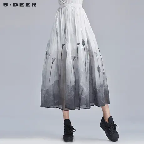 sdeer圣迪奥女夏装写意水墨荷花印花束腰松紧半身裙长裙S16281183图片