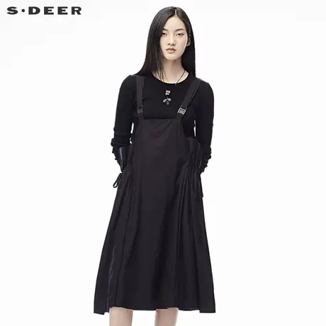 sdeer圣迪奥女2019春装复古纯色针织背带裙两件套连衣裙S17381201图片