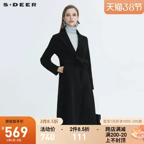 sdeer圣迪奥冬季女装休闲翻领系带收腰中长款毛呢大衣S20481827图片