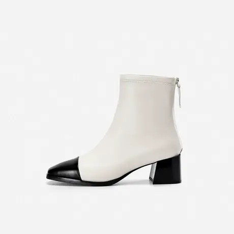 Nine West/玖熙时装靴女2023年秋冬款拼色粗跟短靴后拉链真皮靴子商品大图