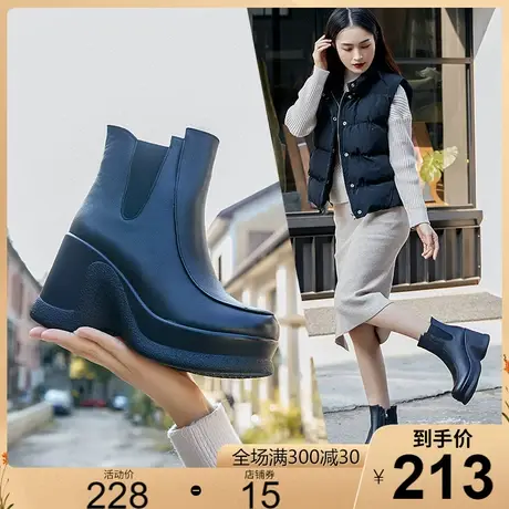 2023秋冬新款牛皮女靴潮厚底短靴松糕高跟保暖真皮棉鞋皮鞋马丁靴图片