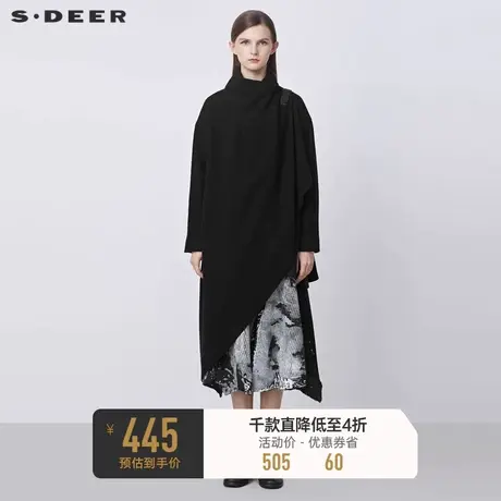 sdeer圣迪奥冬季高领皮扣不规则黑色毛呢大衣女S21481702图片