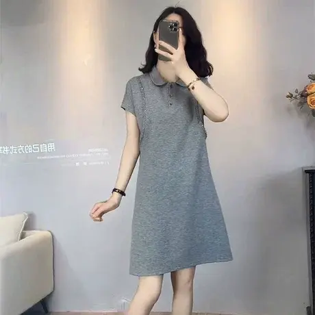 轻熟风简约灰色连衣裙女2025年夏季新款蕾丝拼接翻领减龄大码裙子图片