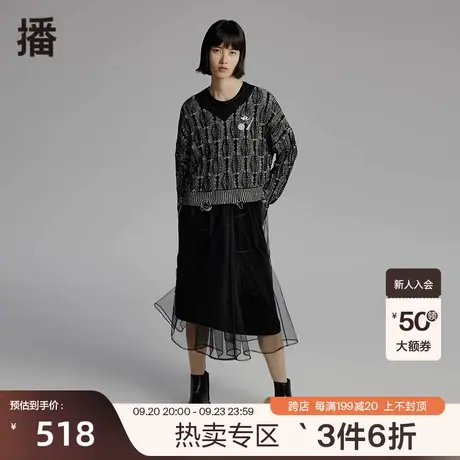 播秋季新款圆领抽褶五分袖网纱装饰公主连衣裙女BDPLD图片