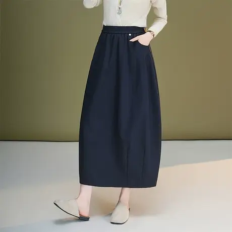 2025秋季新款休闲花苞裙女中长款松紧腰蓬蓬半身裙简约显瘦灯笼裙图片