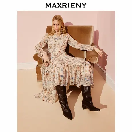 【商场同款】MAXRIENY波嬉风穿搭长袖长裙25秋印花v领系带连衣裙图片