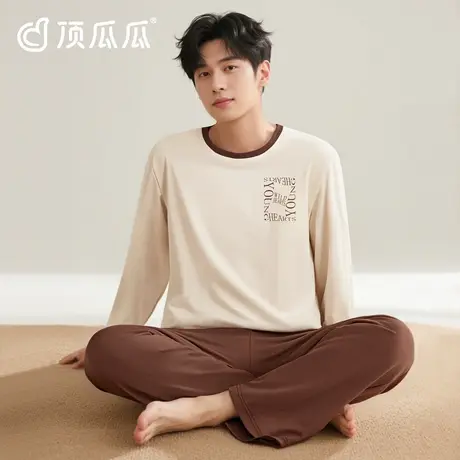 顶瓜瓜纯棉睡衣男生2025秋季新款圆领长袖长裤男可外穿家居服套装图片