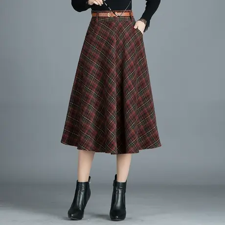 格子毛呢a字裙女2023年秋冬新款高腰显瘦中长款复古气质半身裙子图片
