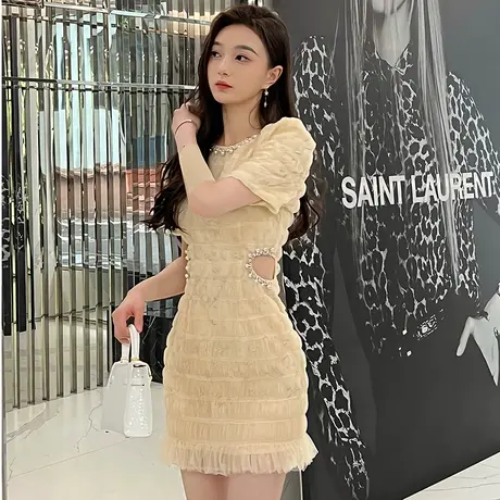 甜美减龄御姐风网纱连衣裙女高腰镂空小个子优雅重工泡泡袖a字裙图片