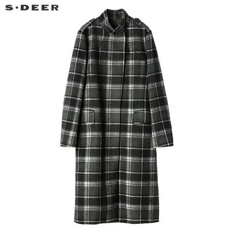 sdeer圣迪奥2019春装学院风格纹翻领长款毛呢大衣外套女S17461811图片
