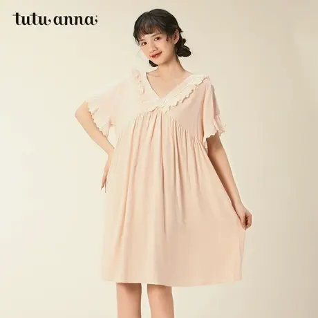 tutuanna家居服睡衣女公主风甜美可爱素色优雅蕾丝拼接短袖睡裙图片