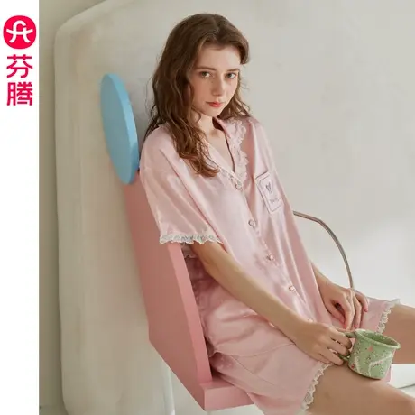 芬腾女士睡衣夏季冰丝短袖开衫套装女款高级感休闲大码薄款家居服商品大图