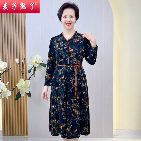 妈妈春秋装连衣裙外穿阔太太冬新款洋气过膝打底长裙子中老年女装商品大图