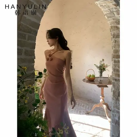 韩语琳 法式玫瑰粉色花朵吊带挂脖连衣裙女2025气质名媛包臀长裙图片