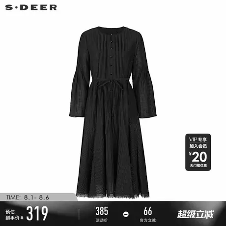 sdeer圣迪奥秋季女装复古圆领风琴褶收腰镂空花边连衣裙S243Z1293图片