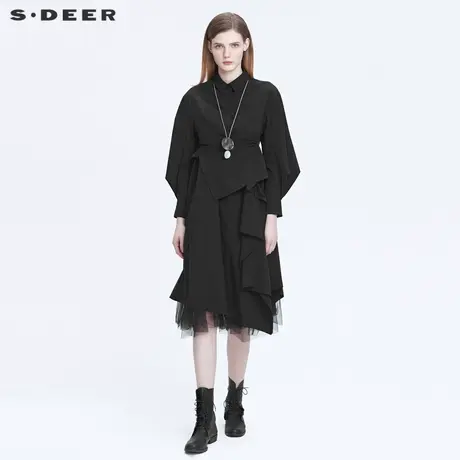 sdeer圣迪奥女装2022新款不规则网纱拼接衬衫黑色连衣裙S22161207图片
