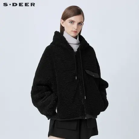 sdeer圣迪奥女装休闲抽绳连帽拼接加绒两面穿黑色外套S21462214商品大图