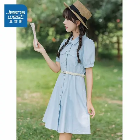 LE真维斯女装连衣裙2025春季新款文艺淑女风翻领收腰中长款裙子女图片