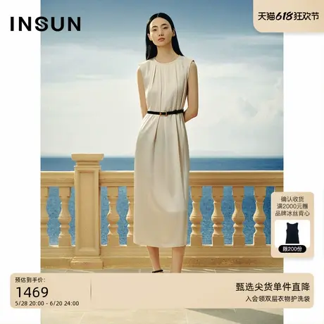 INSUN恩裳夏款圆领褶皱醋酸无袖连衣裙图片
