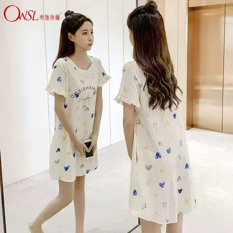睡衣女夏季棉薄款短袖睡裙女生可爱大码套头韩版家居服图片