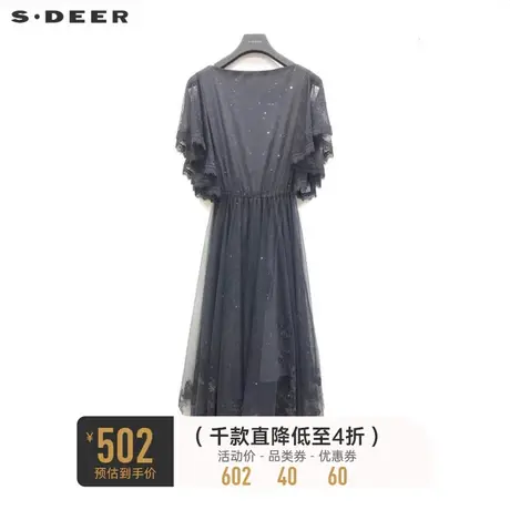 sdeer圣迪奥女装复古圆领收腰网纱蕾丝连衣裙S223Z1227图片