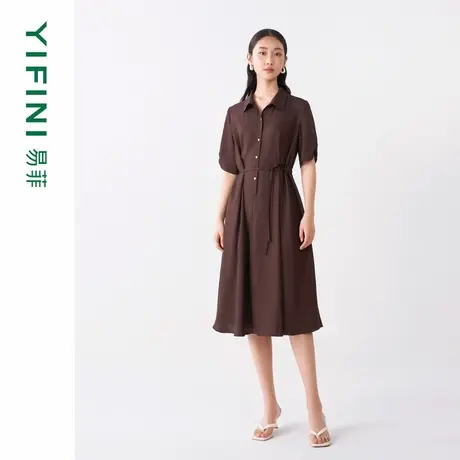 [专柜同款]Yifini/易菲小翻领气质衬衫裙系带收腰短袖连衣裙秋新图片