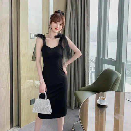 吊带连衣裙女夏新款复古小黑裙内搭修身显瘦赫本风网纱拼接包臀裙图片