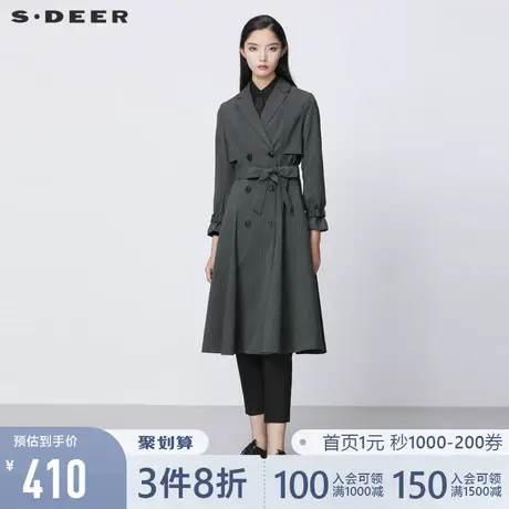 sdeer圣迪奥女装春秋装OL风西装领双排扣条纹高腰风衣S21361805图片