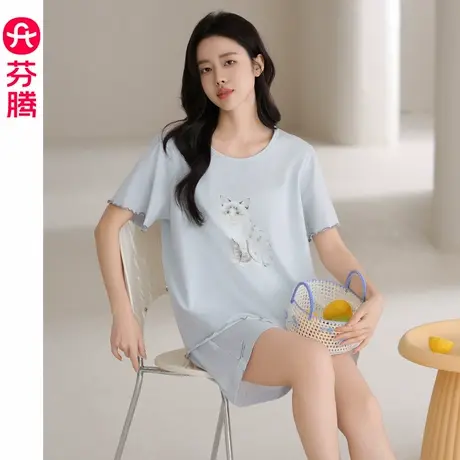 芬腾夏季纯棉女睡衣短袖短裤薄款凉感休闲女款夏天大码家居服套装图片