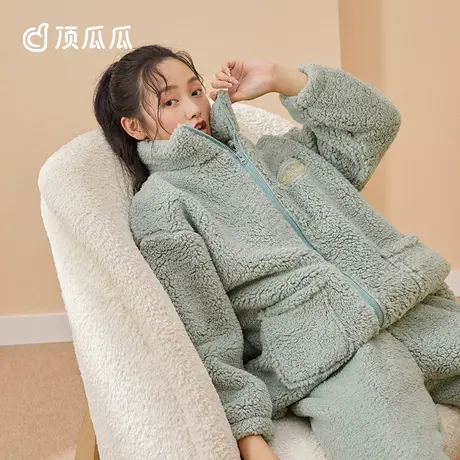 顶瓜瓜立领珊瑚绒睡衣女冬款 冬季加绒加厚保暖摇粒绒家居服套装商品大图