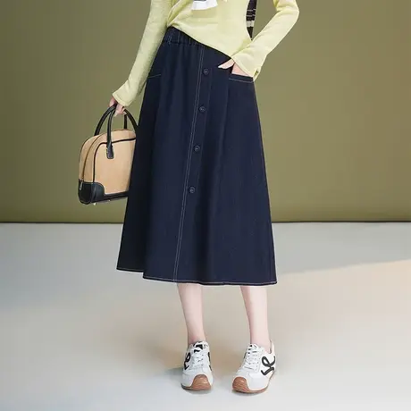 休闲牛仔裙女A字裙2025年秋季新款松紧腰百搭显瘦中长款半身裙子图片