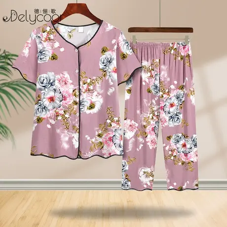 中老年妈妈棉绸夏装女新款衬衫套装老人大码可外穿家居服奶奶睡衣图片